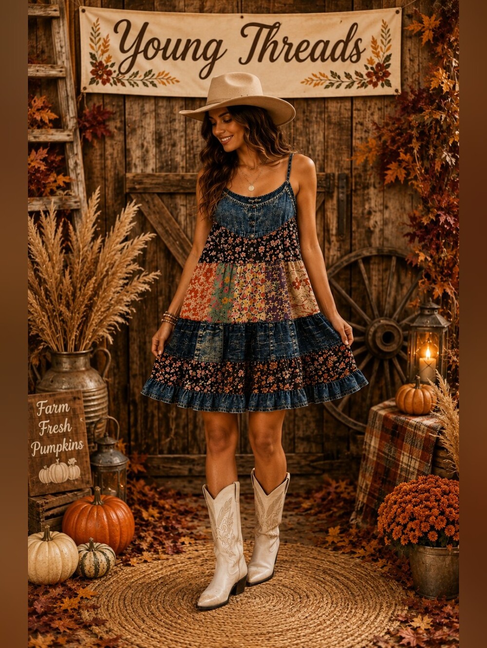 352 Young Threads Denim Patchwork Mini Dress - Blue Multi